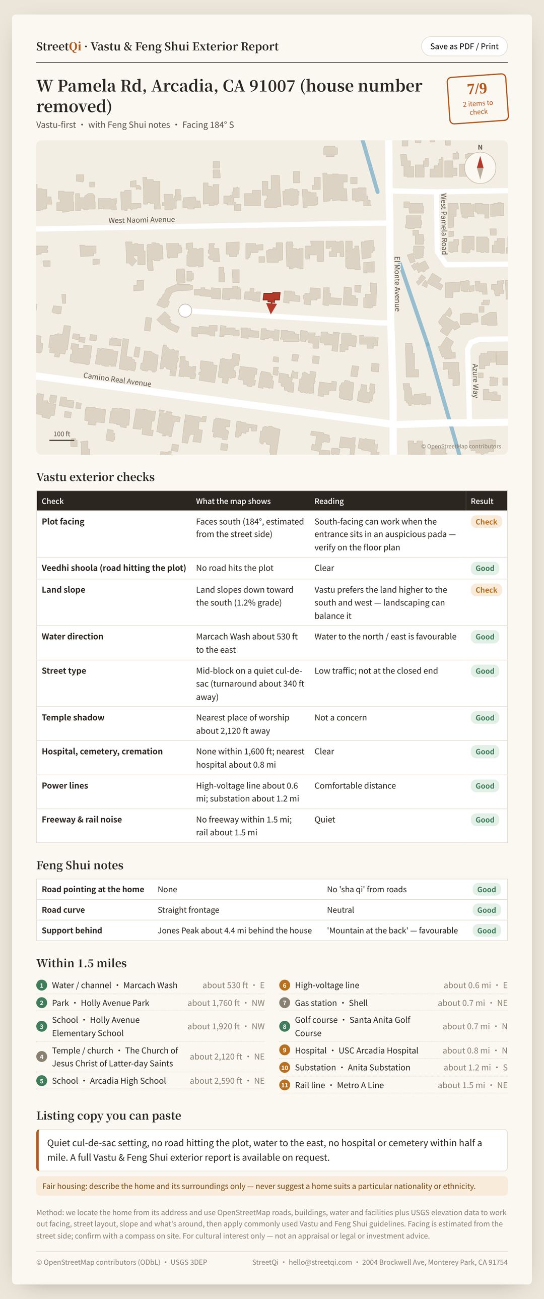 The full sample report: map, Vastu checks, Feng Shui notes, facilities within 1.5 miles and listing copy
