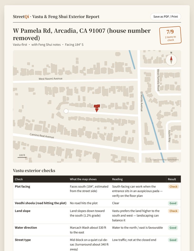 Sample report: site map, score and the Vastu checklist